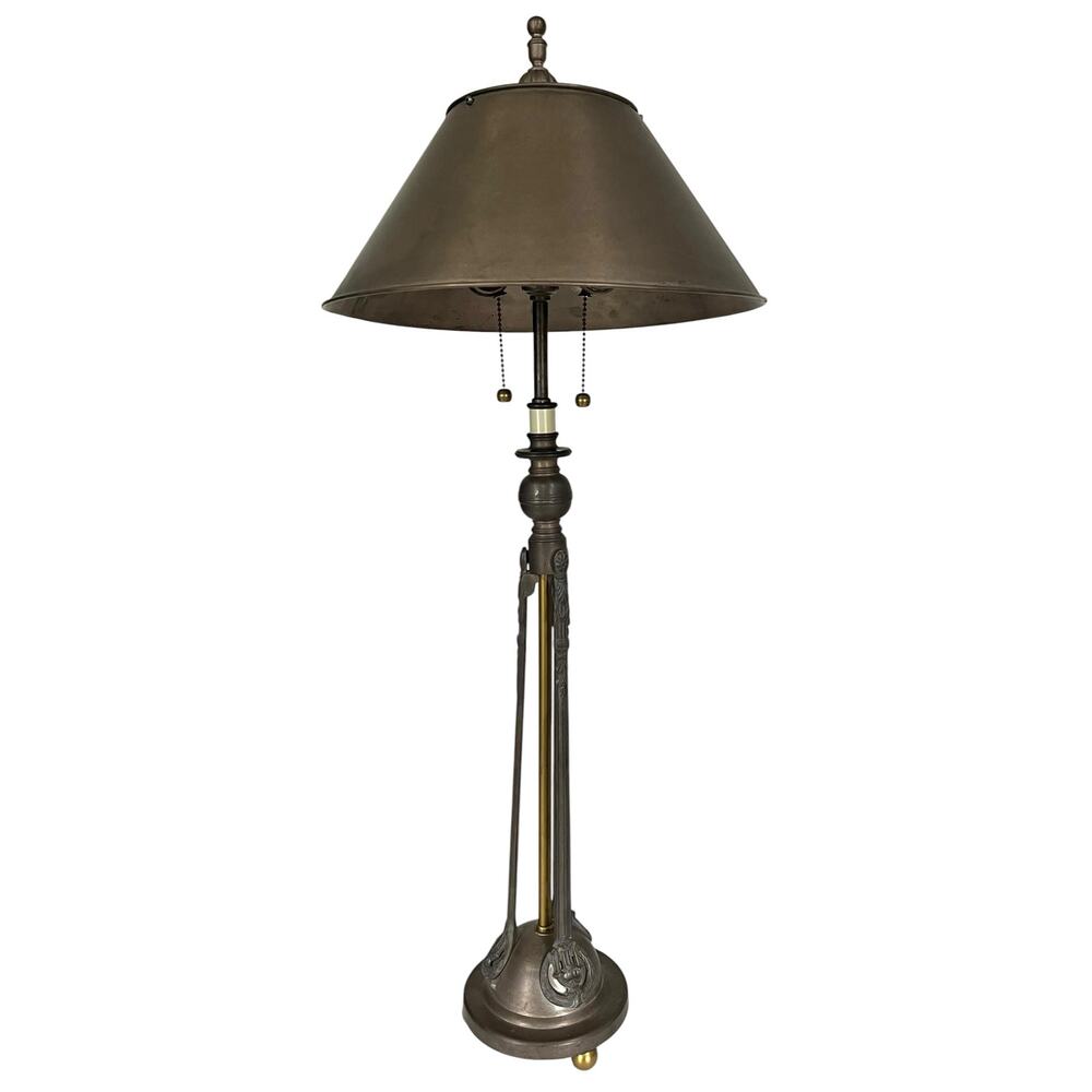 Vintage Bronze & Copper Table Lamp Art Deco Metal Shade Tall Oriental Accent